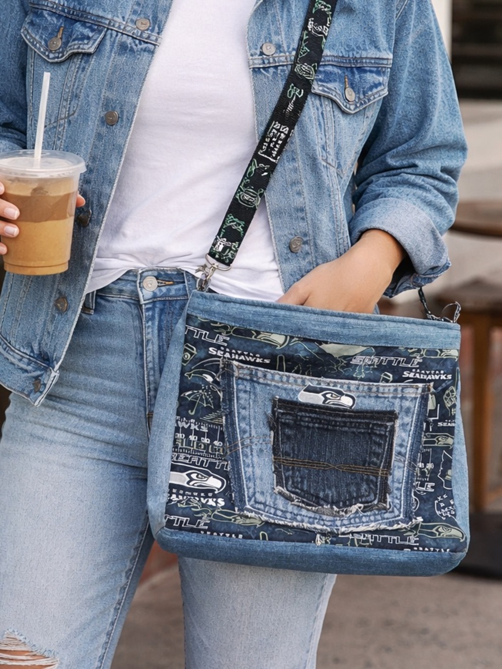 Seattle Seahawks Denim Crossbody Bag | Upcycled Purse NFL Fan Gear Artisan Tote - Picture 1 of 5